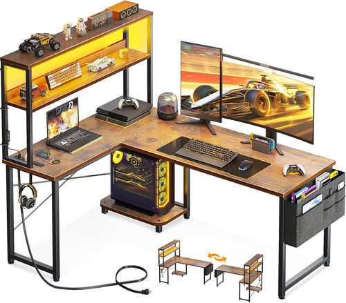 53 Inch L Shaped Desk With LED Lights And Power Outlet