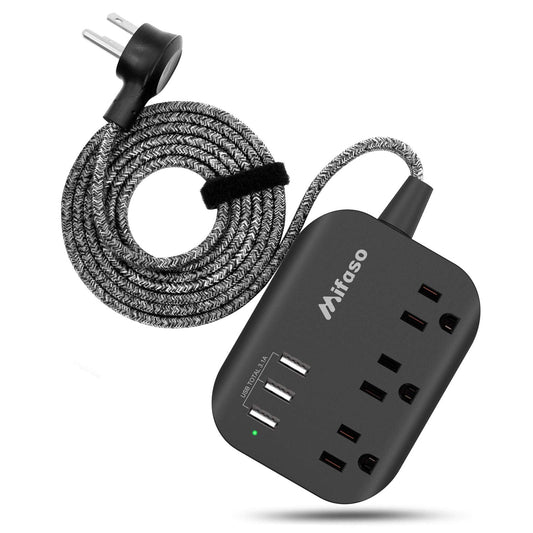Power Strip w/ Flat Plug, 3 Outlets + 3 USB Ports, 3.1A, 5ft Cord,