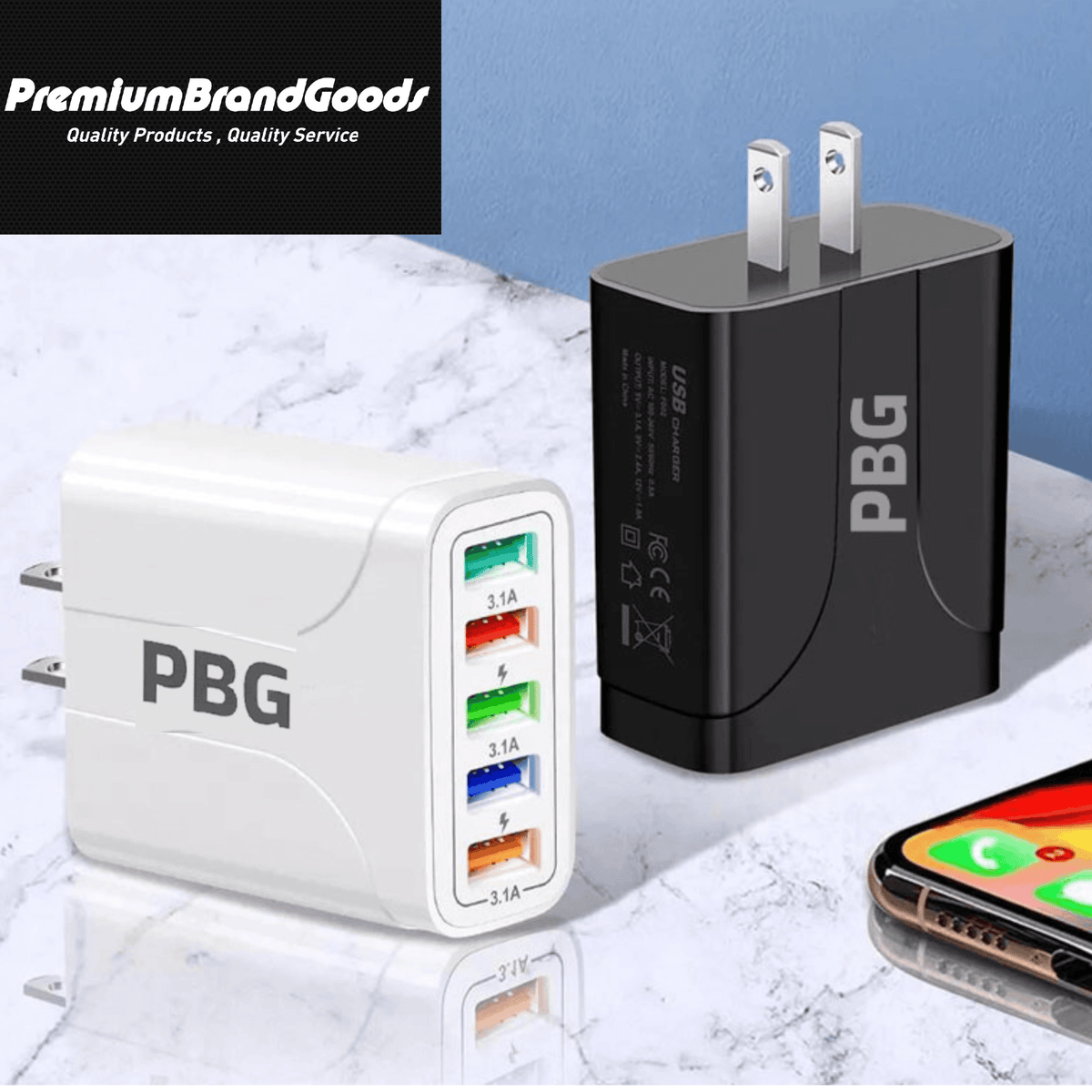 PBG 5-Port LED Wall Charger & 4 XL 10FT iPhone Charging Cables